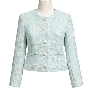 J Crew Tweed Lady Jacket Blazer Mint Green Blue Flower Buttons Pastel 12P